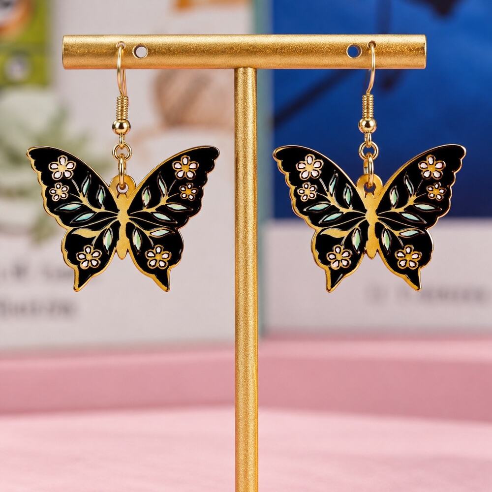 Vintage Look Butterfly Earrings Black Gold Enamel Printed Dangle Fish Hook